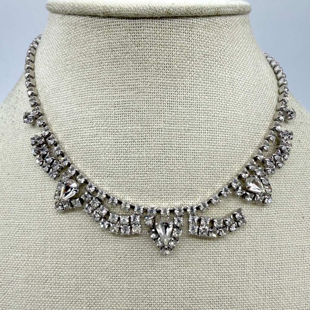 Vintage Rhinestone Statement Necklace Silver Tone Choker Bridal Prom 15in
